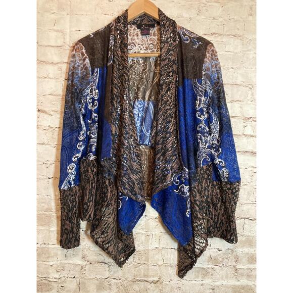 Alberto Makali Top Womens Large Cobalt & Brown Open Front All Over Lace & Mesh - Picture 1 of 14
